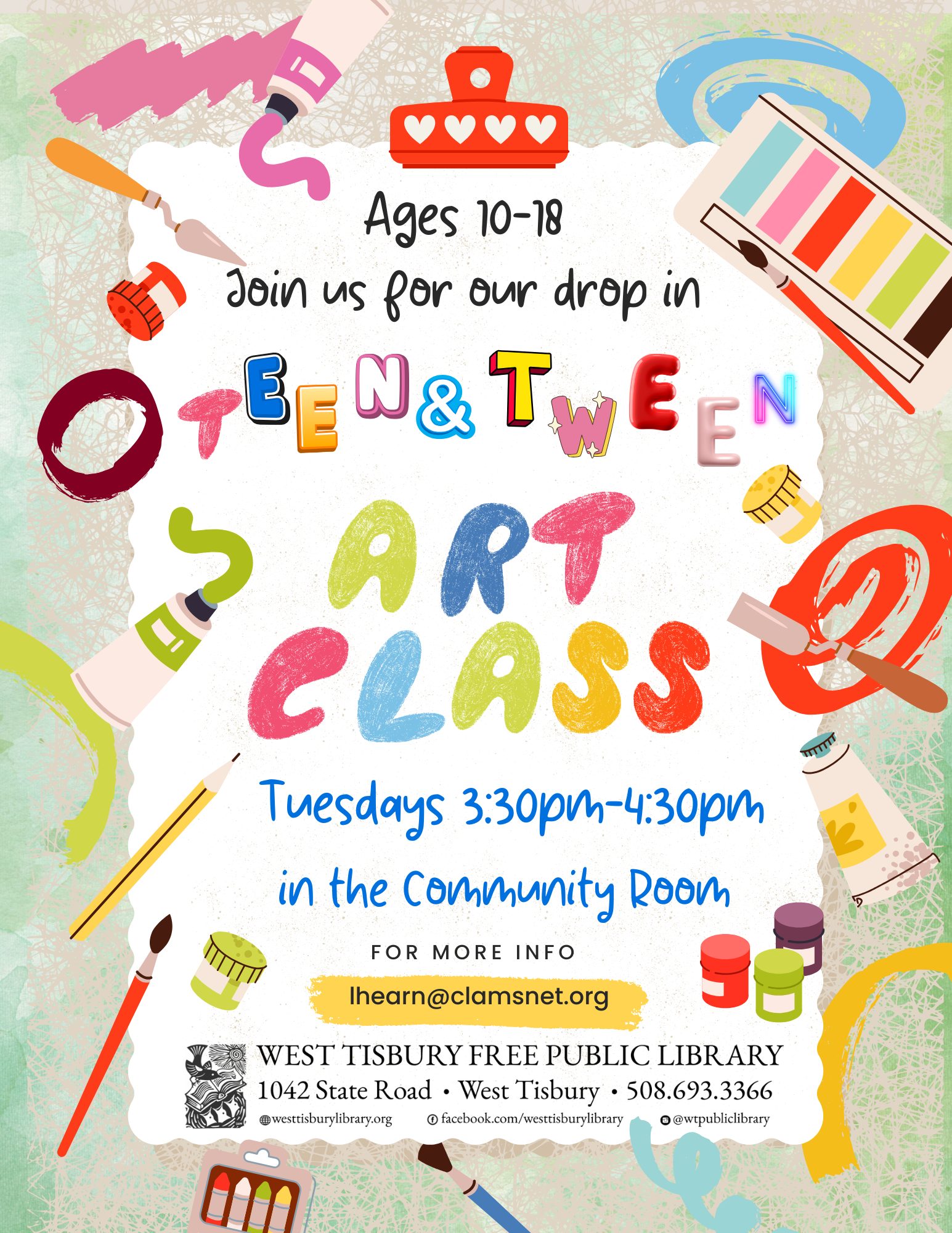 teen/tween art class Tuesdays 3:30pm - 4:30pm